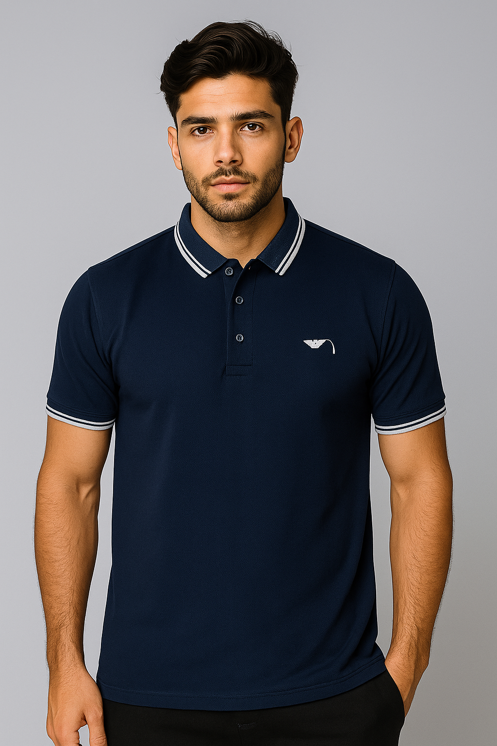 Men’s Navy Blue Polo Shirt – Elegant Contrast Collar Style