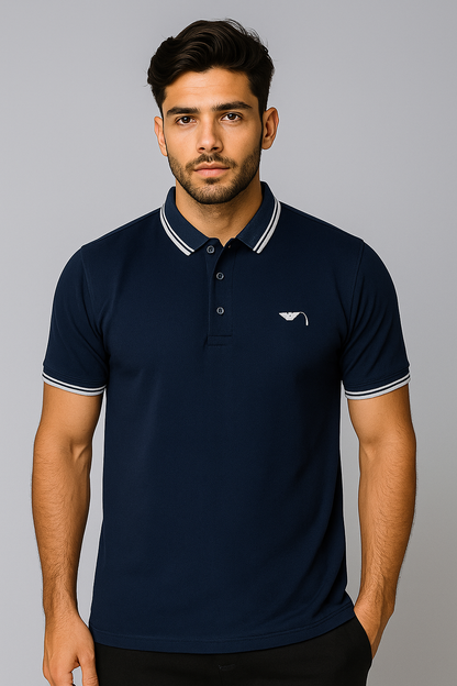 Men’s Navy Blue Polo Shirt – Elegant Contrast Collar Style