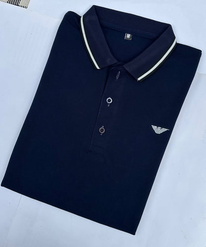 Men’s Navy Blue Polo Shirt – Elegant Contrast Collar Style